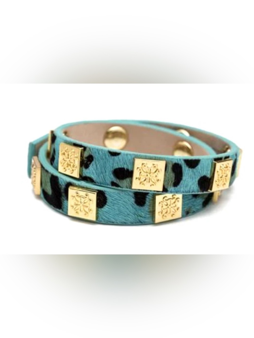 Rustic Cuff Turquoise Leopard Double Wrap Bracelet with Gold Square Studs